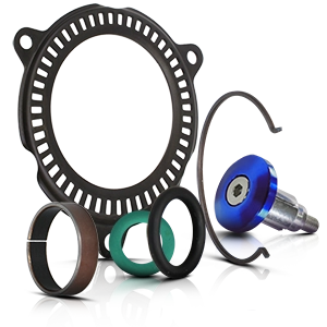 Verschiedene Ringe und Dichtungen für Motorräder, aus Metall, Gummi und Kunststoff gefertigt.